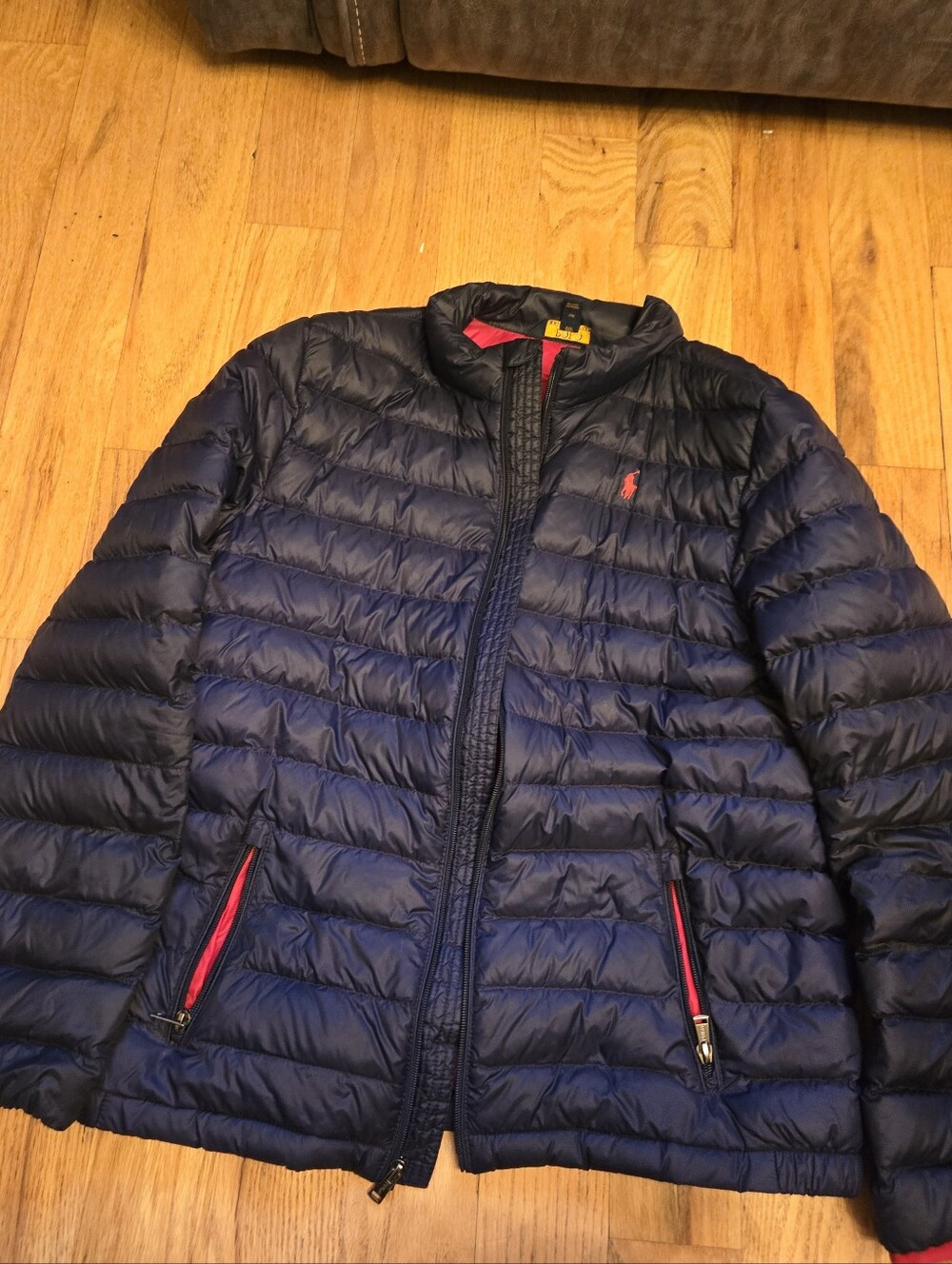 Boys Polo by Ralph Lauren Navy Down Puffer Jacket with Red Accents
